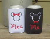 Custom Mouse monogrammed Mr. and Mrs. koozies.