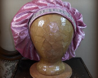 Dusty Rose Renaissance Muffin Cap - Medieval Caul - Crushed Velvet Beret, Floppy Hat With Embroidered Trim In Mauve, Pink