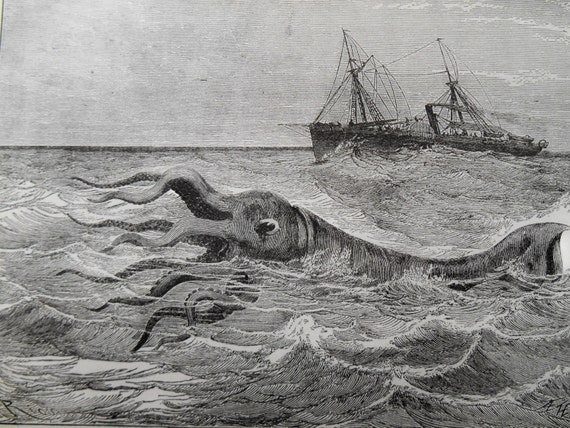 1887 Sea Monster Antique Engraving Monstrous By Moosehornvintage