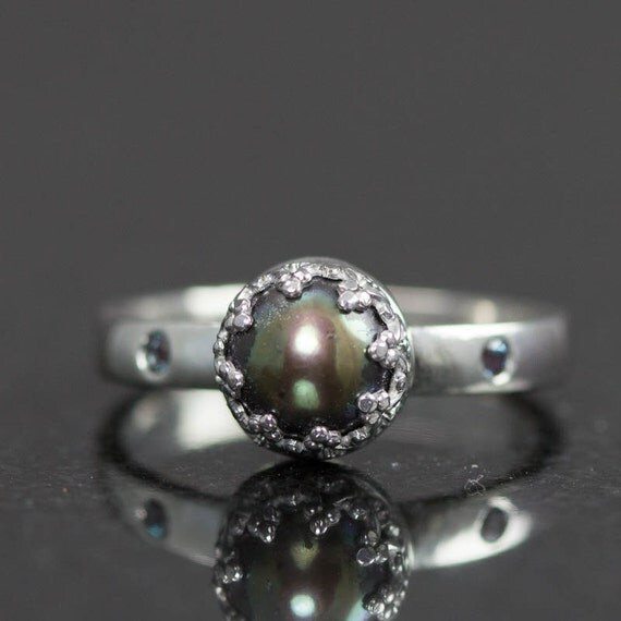 Black Pearl and Alexandrite Ring Sterling Pearl by PPennee