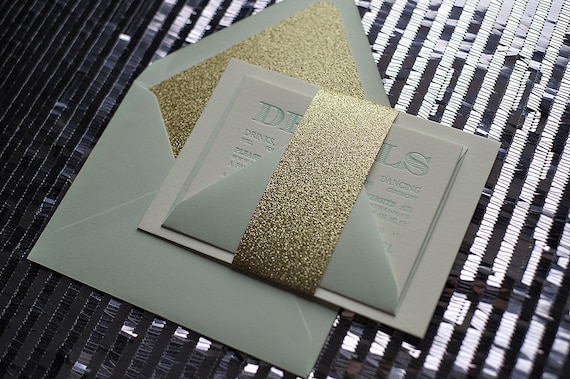 Mint & Gold Glitter Letterpress Wedding Invitation - SAMPLE