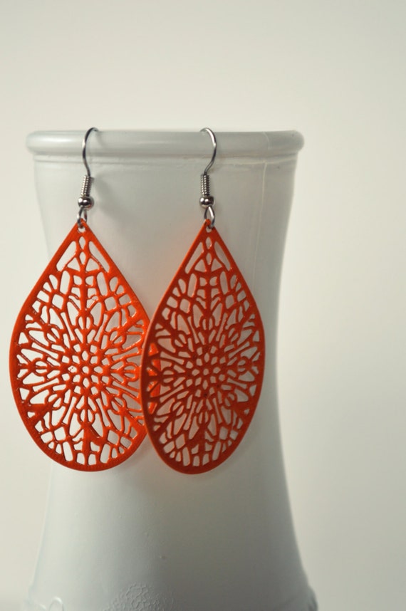 Large Bright Orange Metal Filigree Boho Earrings Dangle Dangly Lacy Lace Bohemian Hippie Chic