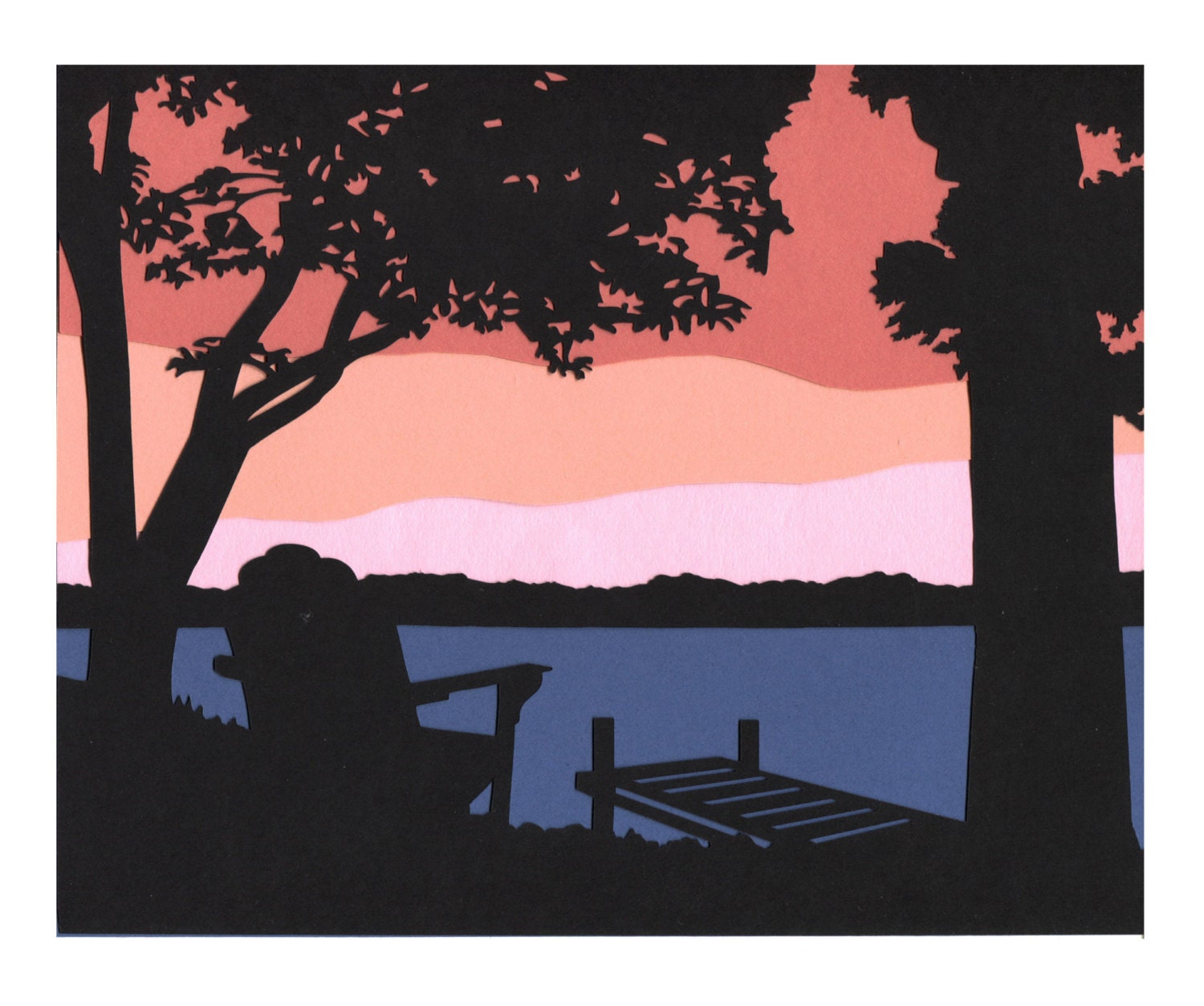 Adirondack Sunset Wall Art Paper Cut Art Lake Dock Scene 8X10