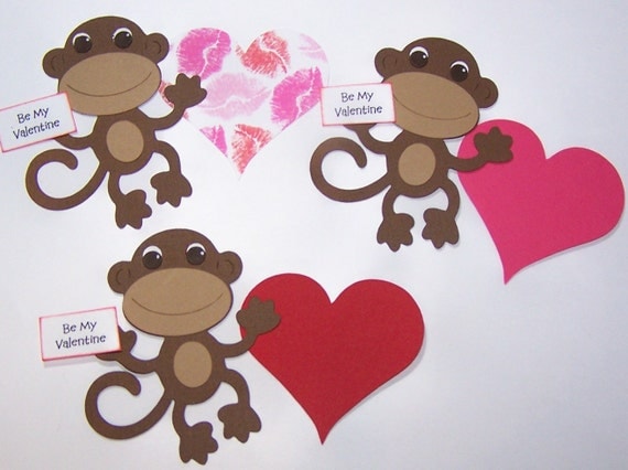 Die Cut Monkey 3 Valentine Hearts and Sayings 9pcs by Paperquick