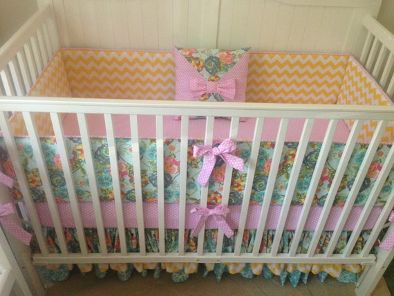 Items similar to Ruffled Crib Bedding Set Yellow Pink Teal ...