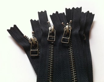 YKK metal zippers with antique brass finish and DHR Wire style pull- (5) pieces - Black 580- available in 4,5,6,7,8,9,10,12,13,14,16,18 Inch