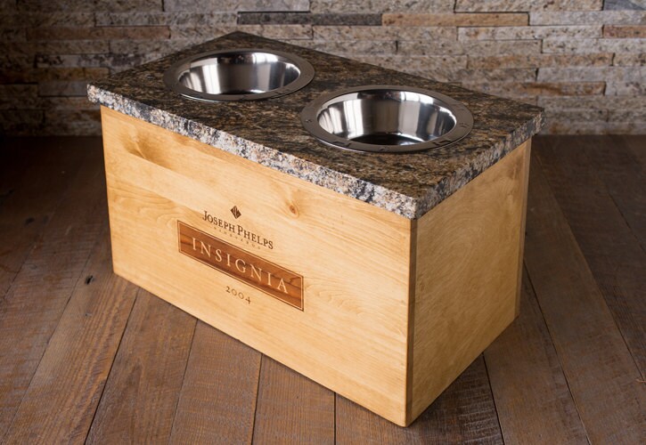 Large Insignia Wine Crate Dog Feeder with Granite Top