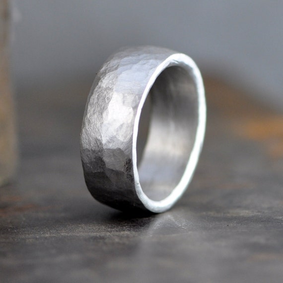 wide Man's ring, thick sterling silver band, organic hammered ring ...