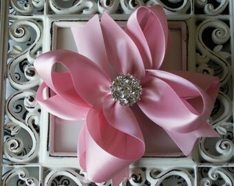 NEW ITEM----Mini Boutique Doubled Layered Hair Bow Clip with RHINESTONES-----Pink Satin---