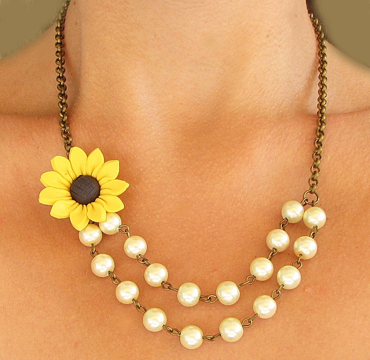 Sunflower Necklace Sunflower Jewelry Yellow Necklace by zafirenia
