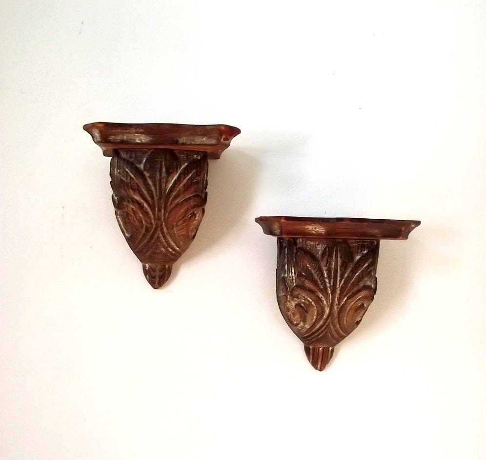 Wall Sconces Set of 2 Mini Wall Shelves / Vintage 80s Indian on Small Sconce Shelf id=43918