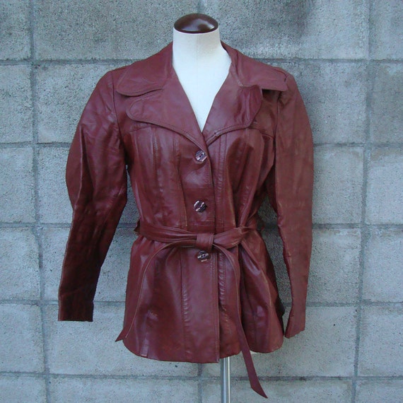 Women's Leather Jacket Vintage 1970s Burgundy Brown