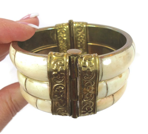 Vintage Bone Bracelet India Brass Repousse Metal Hippie