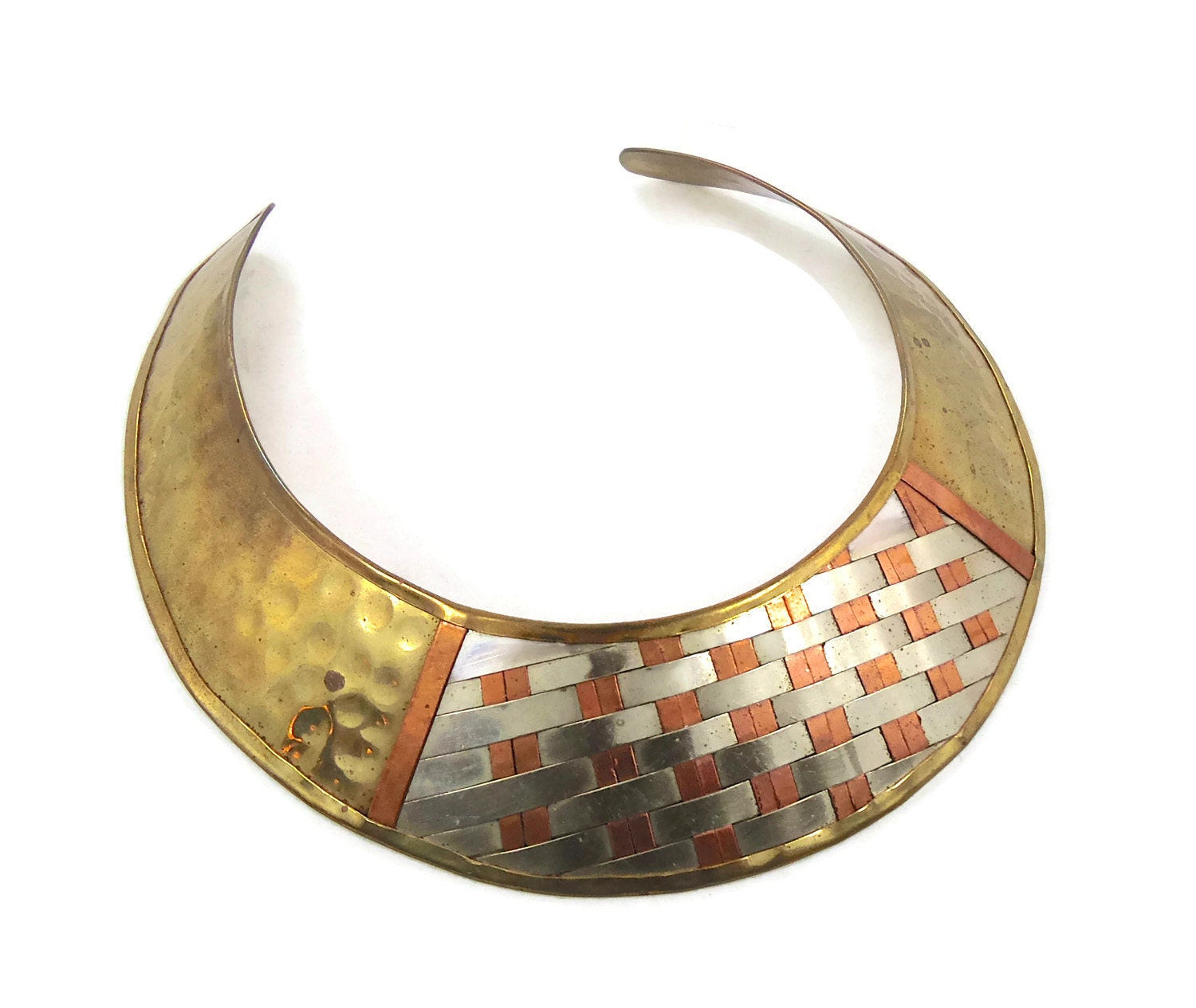 Brass Choker Necklace Vintage India Woven Mixed Metals
