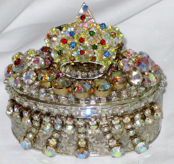 Vintage Silver Jewelry TRINKET Box w/ AB Rhinestone FLOWER