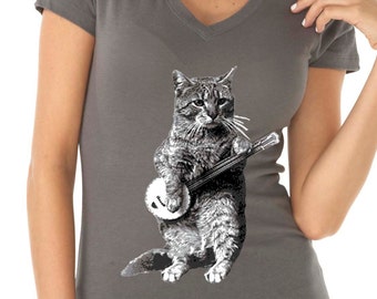 cat playing banjo t shirt