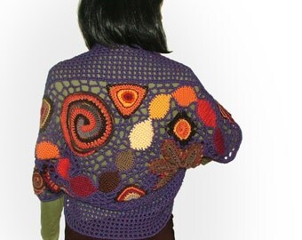 Crochet Shrug Bolero with multicolour motifs Womens OOAK freeform Crochet Shrug