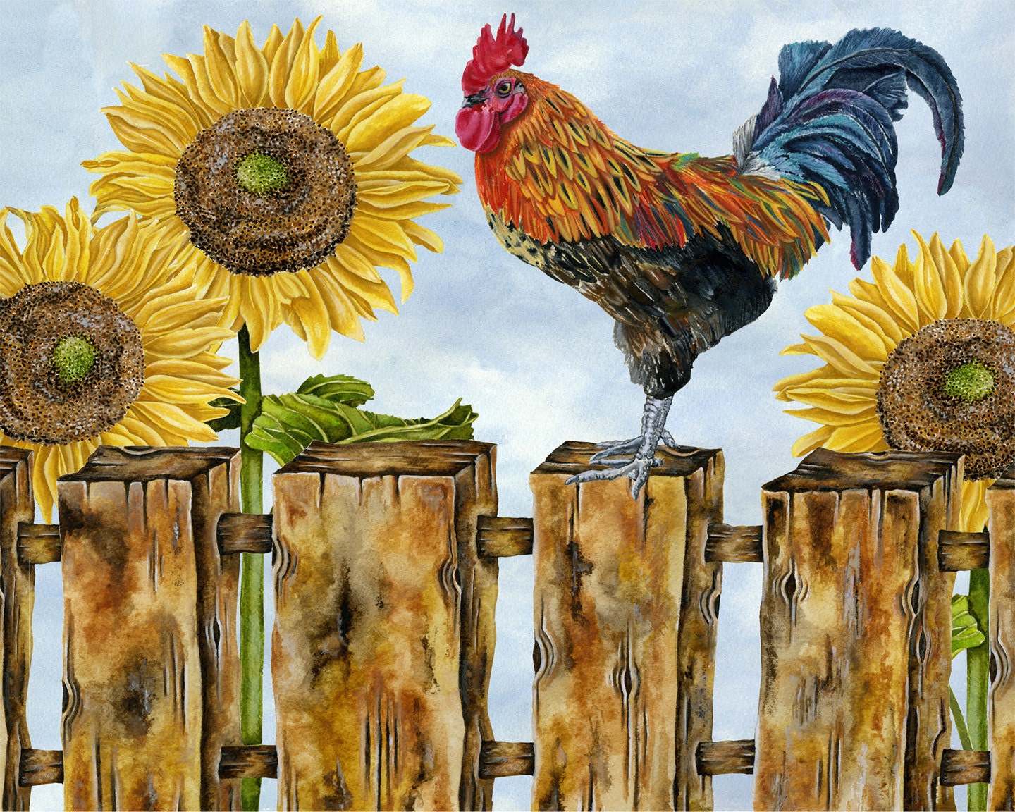 Art Print. Rooster With Sunflowers by studiopetite on Etsy