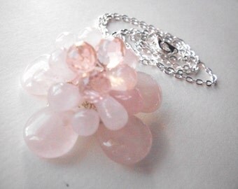 Rose quartz flower necklace, wire wrapped rose quartz briolette pendant necklace with silver chain