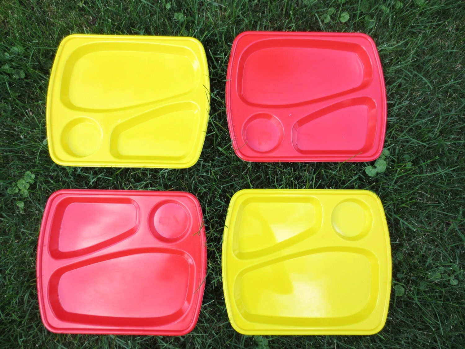 Retro Plastic snack platesdivided red and yellow Haute Juice