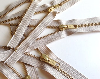 6 inch gold teeth YKK zippers, FIVE pcs, natural beige tape, metal zippers, YKK color 572