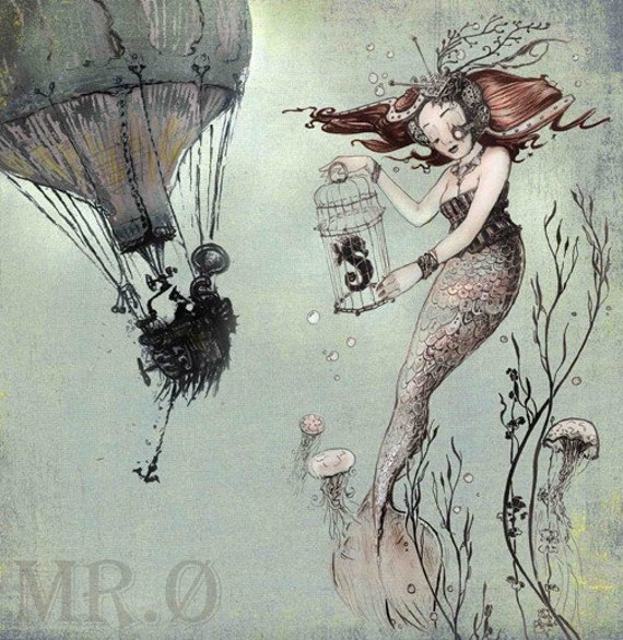 Fantasy Art Print - Mermaid Print - giclée WALL Art PRINT Nautical - Steampunk Art - Mermaid Fantasy Art - Seahorse - by the Filigree by theFiligree steampunk buy now online