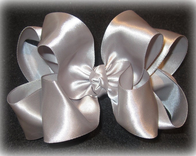 Silver Satin Hair Bows - Double Layered Hair Bow - Baby Toddler Girls Hairbows - Party Bow - Pageant bows - Gray Grey Hairbow -