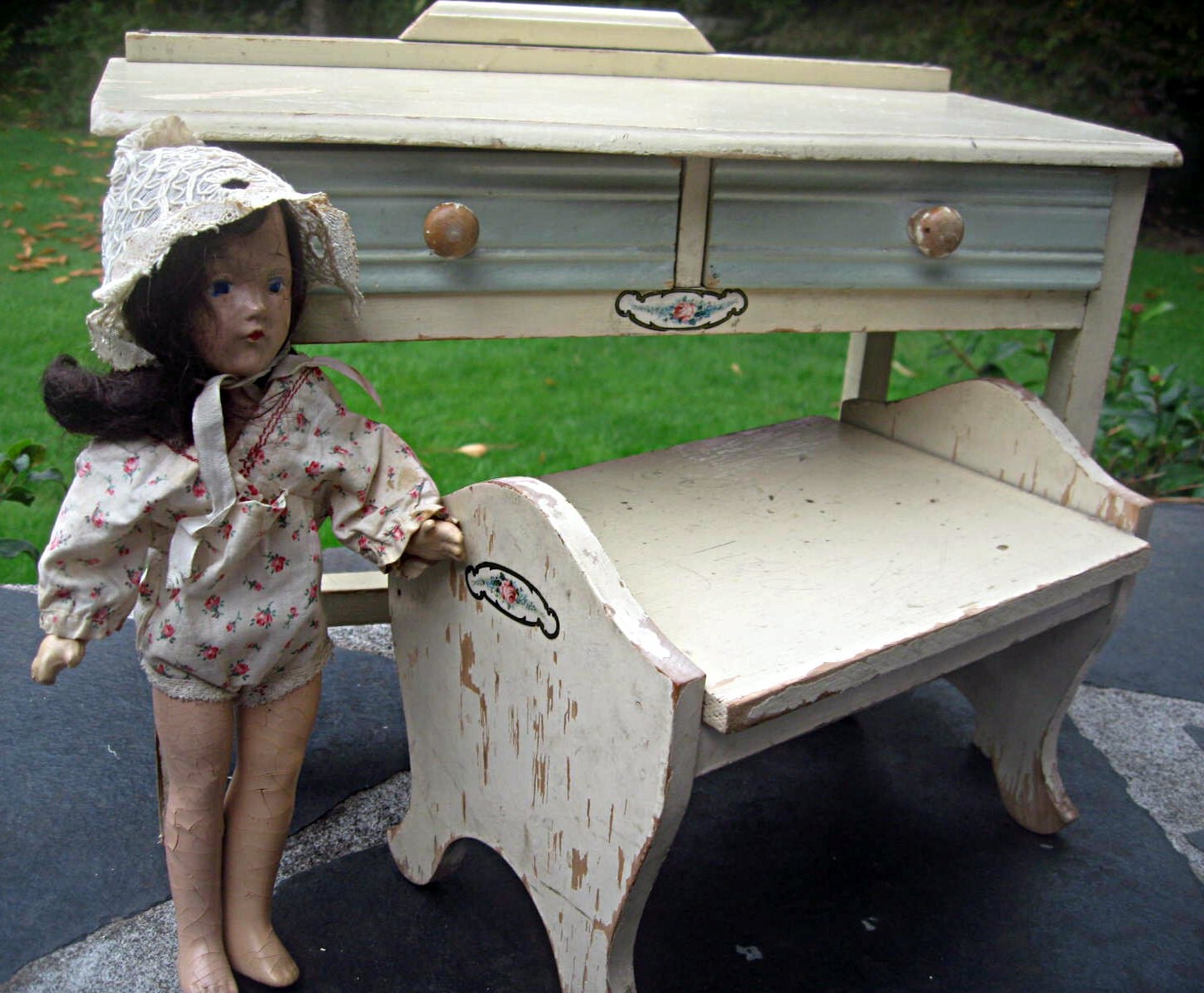 Vintage wood doll furniture, vanity with bench, rose decals, large toy