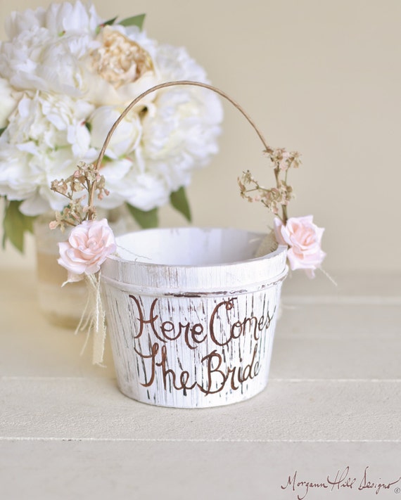 Here Comes The Bride Flower Girl Basket Rustic Shabby Chic Wedding