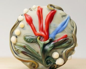 Lampwork Glass Bead Lentil Focal Orange Blue Green Bird of Paradise Flower
