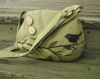 Bird Shoulder Bag/ 12" by 9"/ Canvas Tote, Vegan Purse, Eco-Friendly Handmade Messenger, Vegan Tote, School Bag