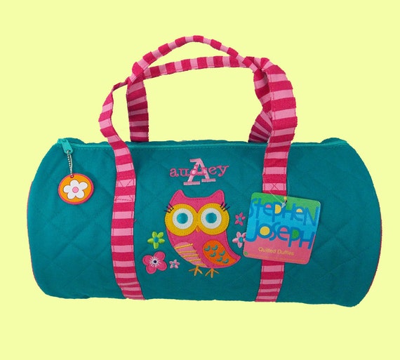Child's Monogrammed Stephen Joseph New Style OWL Quilted Duffle Bag in Teal