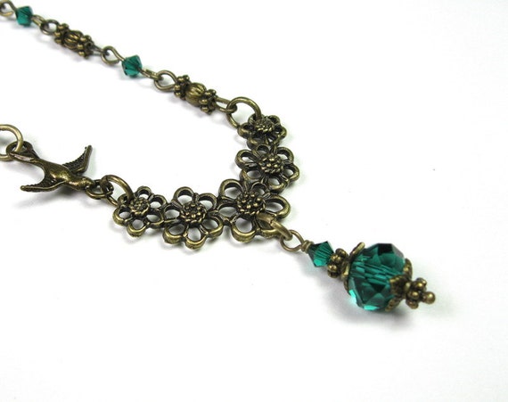 Vintage Style Necklace, Faceted Czech Glass Rondelles, Teal Green, Swarovski Crystal, Womens Accessories, Antiqued Brass, Gifts for Women