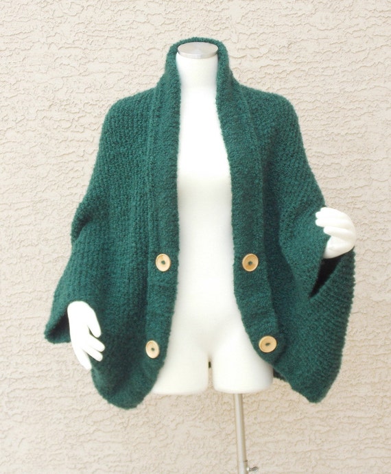 Hand Knit Handmade Chunky Cocoon Cape Sweater Jacket Emerald