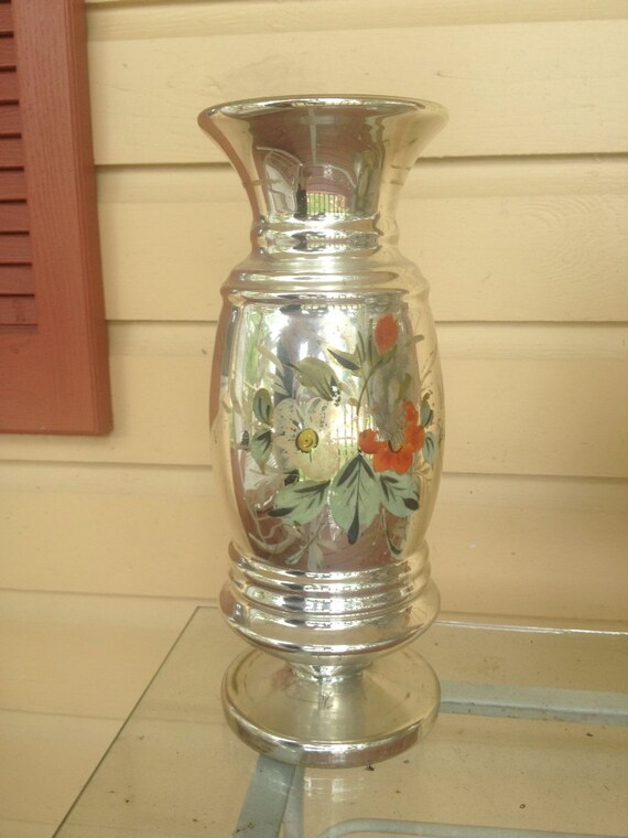 Tall 12 inch mercury glass vase with painted flowers