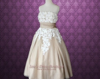 Retro 50s Tea Length Mocha Lace Wedding Dress