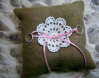 Pink Camo Camouflage Burlap Doily Wedding Ring Bearer Pillow