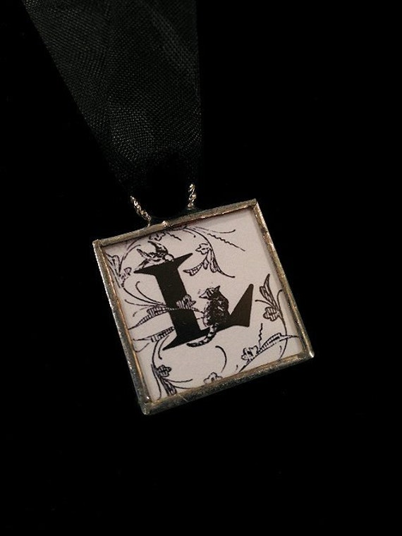L initial monogram letter vintage aesthetic Victorian typeset necklace pendant on ribbon