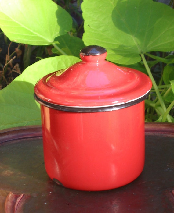 Red Enamel Mustard or Jam Pot metal condiment dish by AmiableLeaf