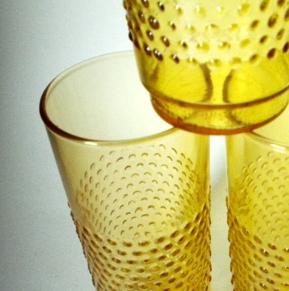 THREE Vintage Hobnail Amber Glass Tall Slender Drinking