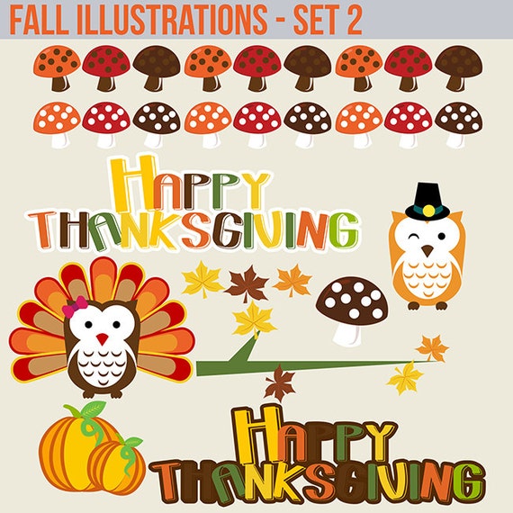 Holiday Fall Autumn thanksgiving owls and turkey mushrooms and Text art clipart graphics set