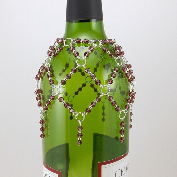 Wine Bottle Necklace Beaded Lace Decor Amethyst Purple
