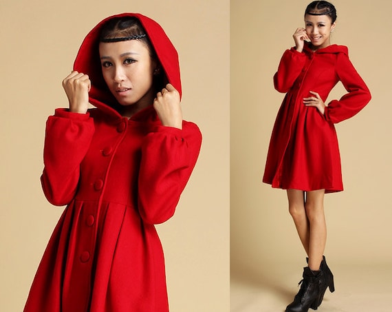 Red wool coat hooded coat red jacket winter coat fitted