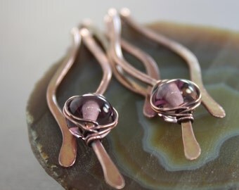 Wavy dangle copper earrings with amethyst color lampwork glass spacers - Cascade earrings - Dangle earrings - Chandelier earrings - ER038