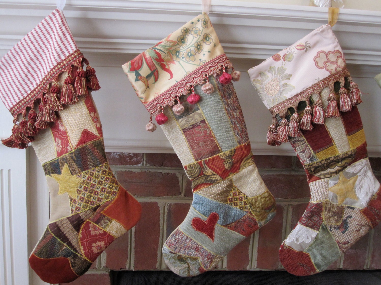 Victorian crazy quilt Christmas stocking in blue green tan