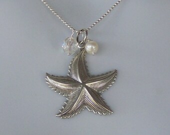 Victorian Starfish Necklace Silver - Sea Star Pendant - Beach Wedding - Bridesmaid Necklace