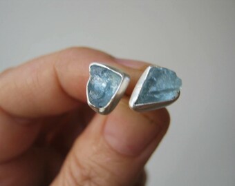 Small Rough - Raw AQUAMARINE Stud Earrings - Sterling Silver - Custom