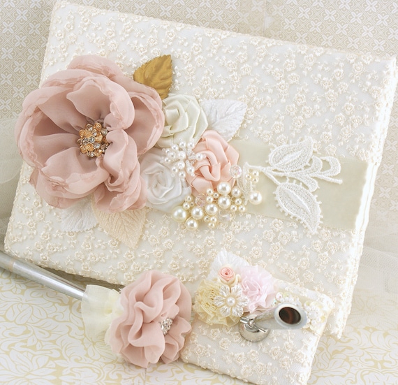 Wedding Guest Book Pen Set Signature Book in Blush Pink, White, Gold and Ivory with Lace, Pearls and Handmade Flowers