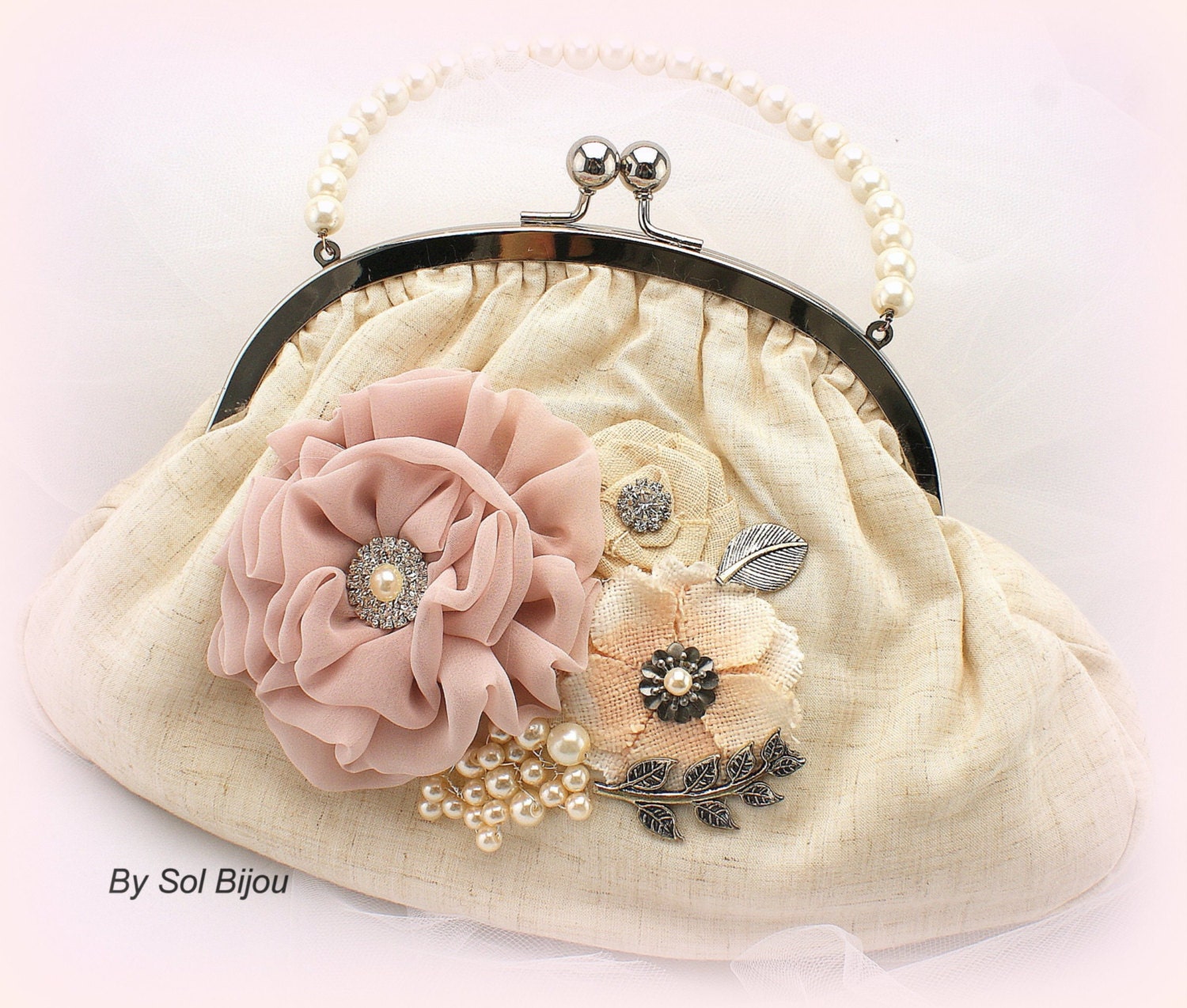 Wedding Purse Blush Ivory Cream Pearl Handle Clutch