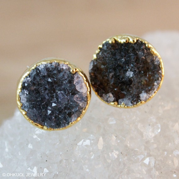 Round Black Druzy Stud Earrings Post Setting Gold Filled